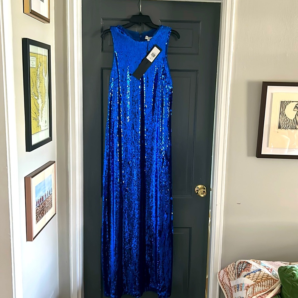 Halston blue sequin gown, size 16, never worn and tags still on